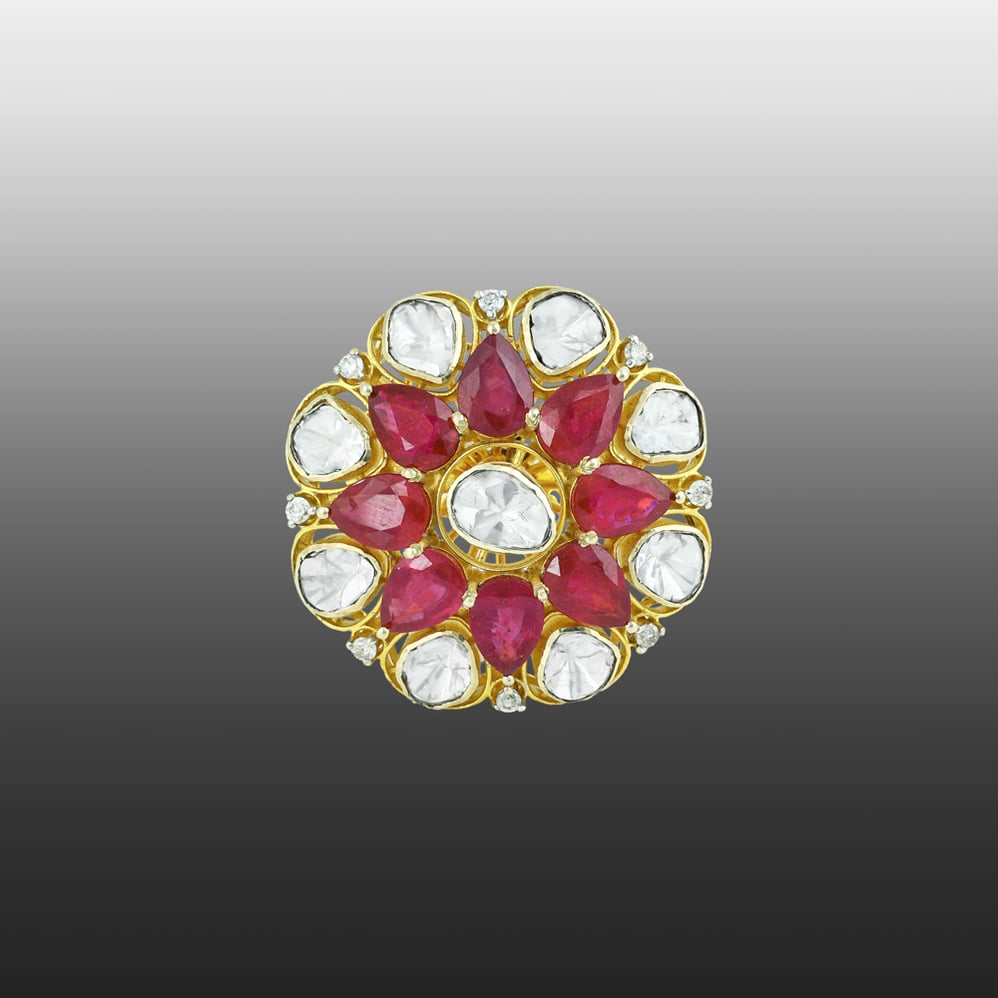 Floral Polki Ring with Central Uncut polki and Red Cut Stone
